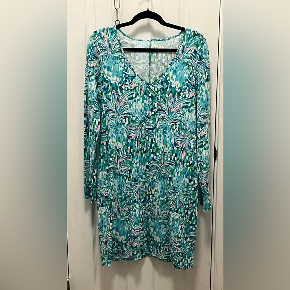 LILLY PULITZER DRESS, turquoise print, v neck , size medium